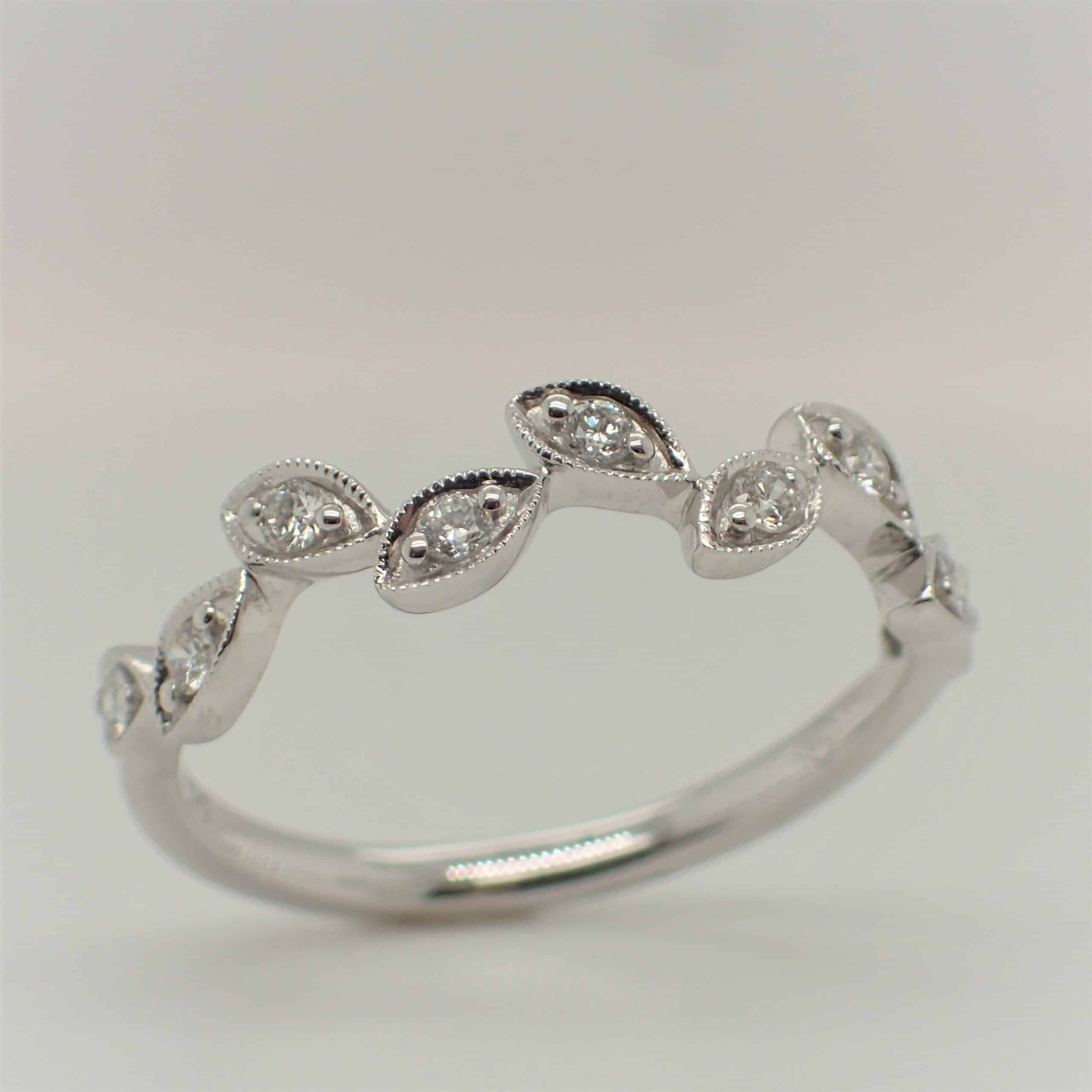 Stackable Diamond band, leaf motif, with milgrain